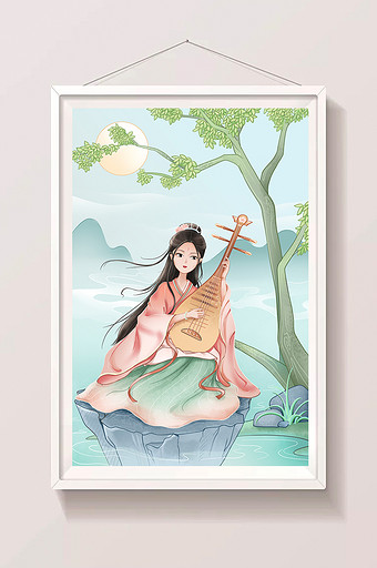 绿色中国风手绘唯美中式弹琵琶美女人物插画图片