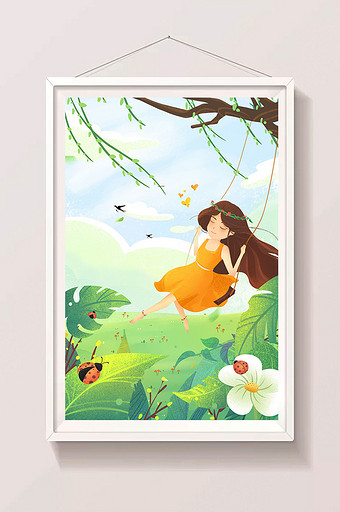 唯美清新春天荡秋千女孩插画图片