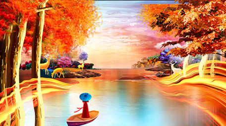 唯美手绘水彩山水卡通梦幻插画世外桃源模板