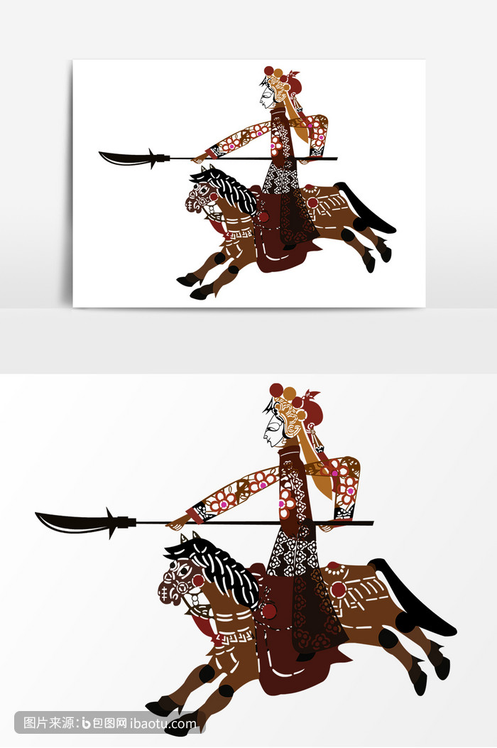 手绘骑马剪纸皮影卡通刀马人物装饰元素,包图网,图片,素材,模板,免费