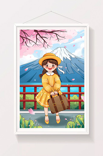 清新日本富士山旅游行李箱女孩春天插画图片