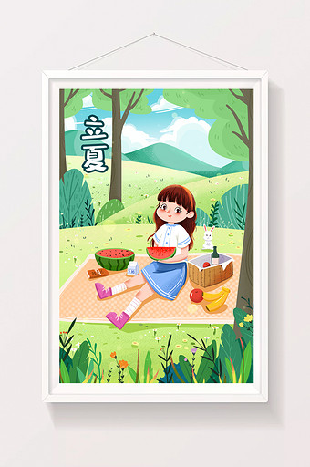 立夏节气户外草坪游玩女孩零食西瓜水果插画图片