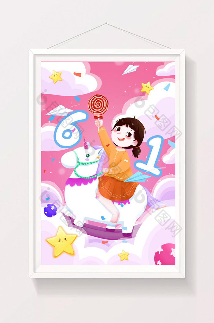 梦幻小女孩与独角兽儿童节插画图片图片
