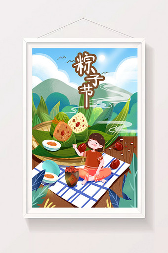 绿色端午节女孩粽子节美食插画图片