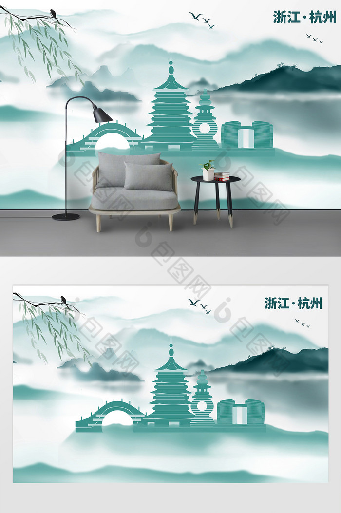 杭州旅游地标建筑剪影城市风光水墨背景墙图片图片