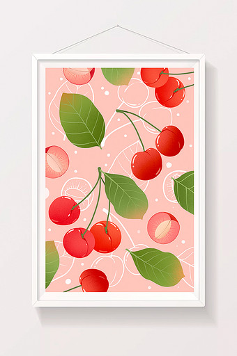 粉色樱桃水果叶子元素小清新ins风背景插画图片