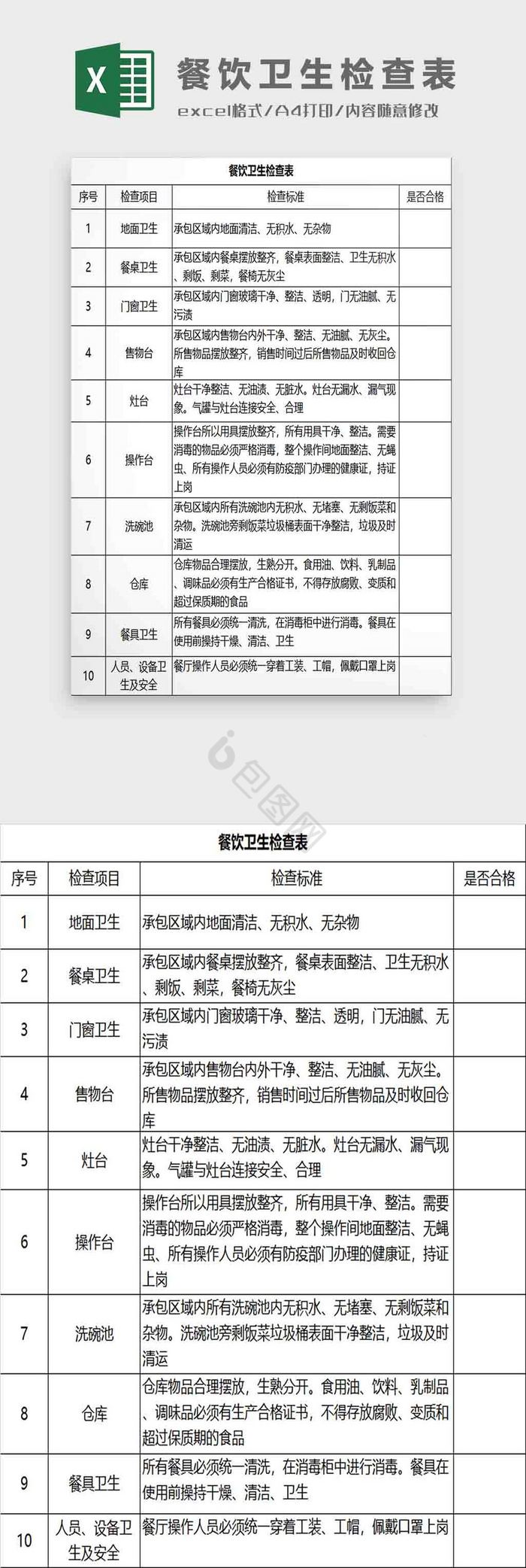 餐饮卫生检查Excel模板
