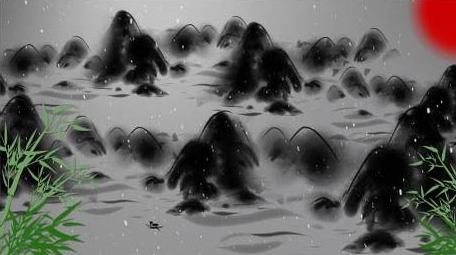 写意中国风水墨山水画飞雪无限循环背景视频