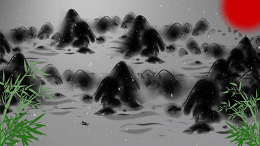 写意中国风水墨山水画飞雪无限循环背景视频