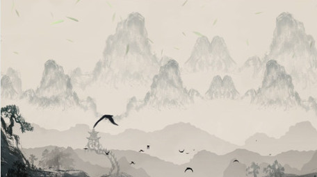 竹叶飘落复古意境中国风远山背景视频