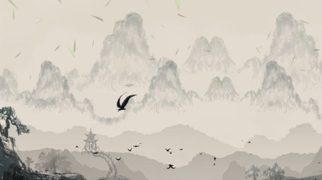 竹叶飘落复古意境中国风远山背景视频