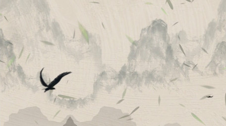 竹叶飘落复古意境中国风远山背景视频