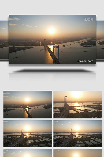 城市地标广州南沙大桥基建日落航拍图片