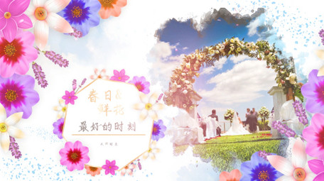 春天花卉水墨晕染婚礼照片写真相册AE模板