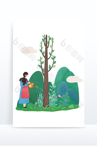 绿色卡通浇水女孩植树节元素图片