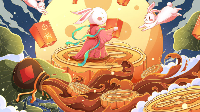 八月十五中秋节孔明灯兔子插画