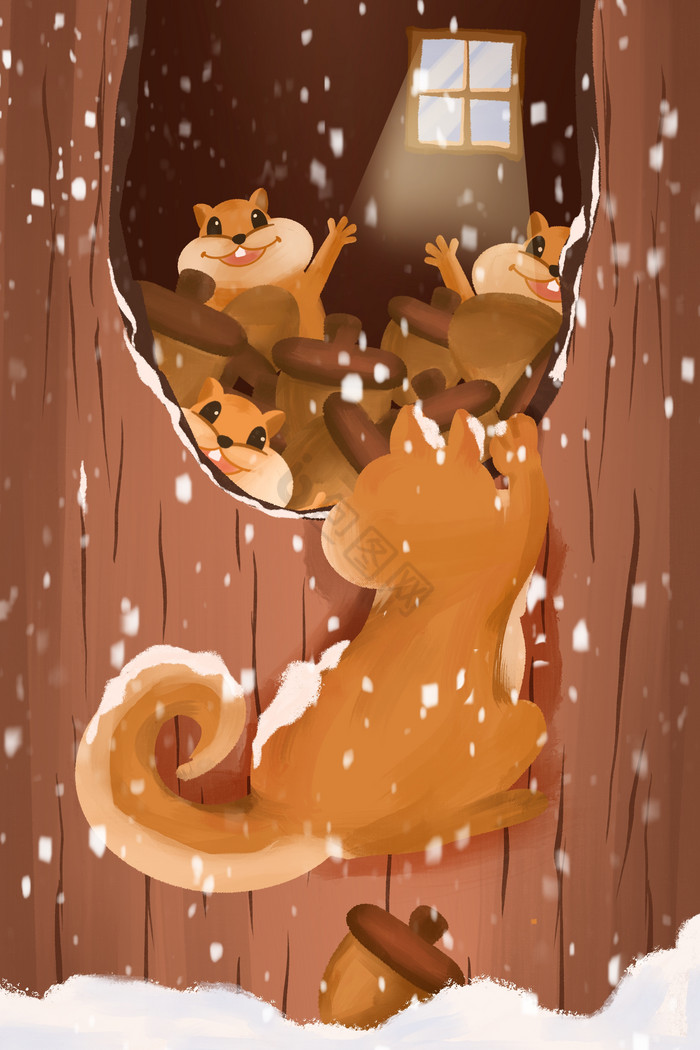 冬季大雪小雪松鼠绘本风插画