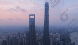上海三件套建筑清晨航拍