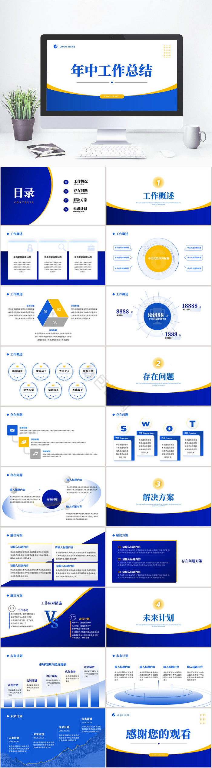 蓝色商务年中汇报工作总结PPT