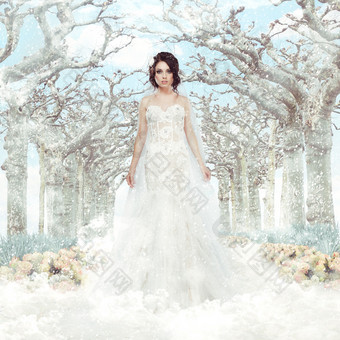 冬季森林背景优雅白色新娘图片摄影图