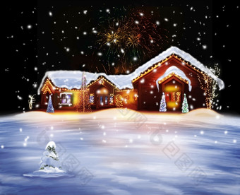 暗色调雪中的圣诞房子摄影图