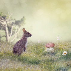 深色草地上的兔子摄影图