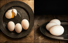 深色调打碎的鸡蛋摄影图