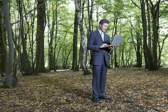 绿色调树林中的职员摄影图