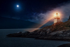夜晚海岸灯塔灯光