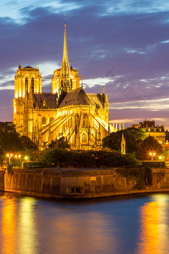 暗色调巴黎大教堂夜景摄影图