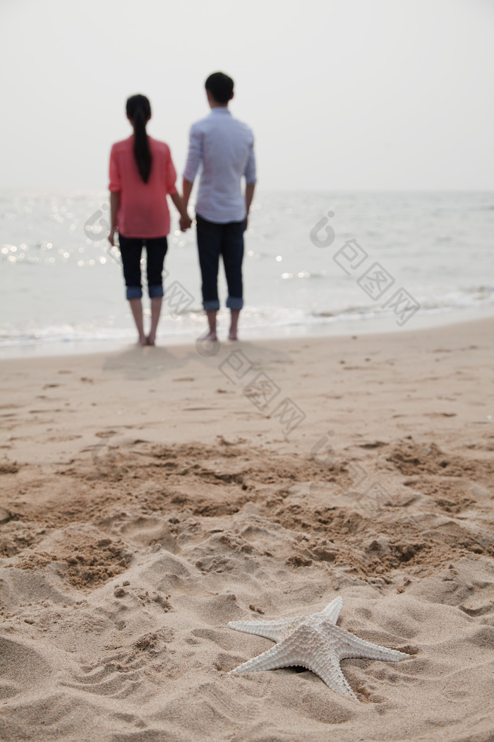 情侣夫妻男女牵手海边沙滩背影甜蜜幸福的