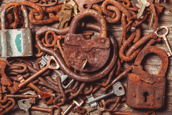 <strong>生锈</strong>的铁锁和钥匙摄影图