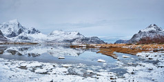 岛屿挪威雪景海水雪山