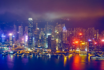在香港城市景观市中心黑夜
