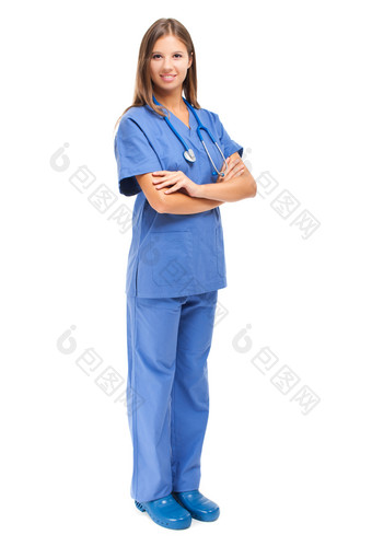 侧身站的蓝衣护士