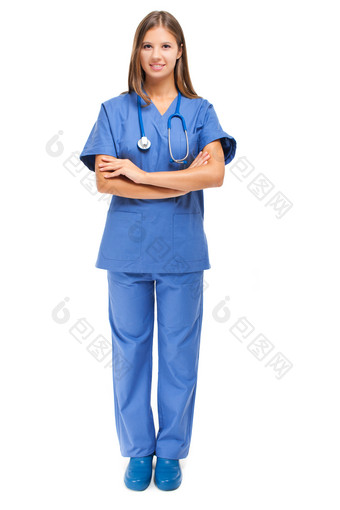 站立的蓝衣服护士