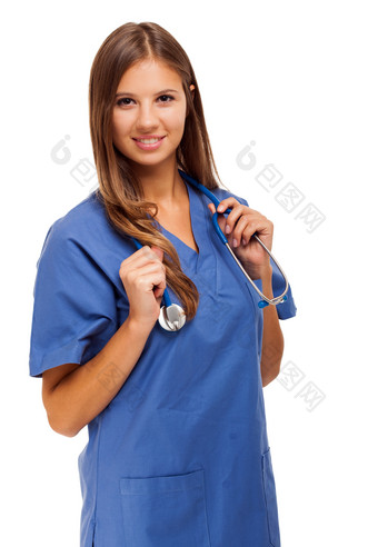 白底侧身蓝衣服的护士