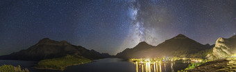 夜晚星空下发光的湖泊