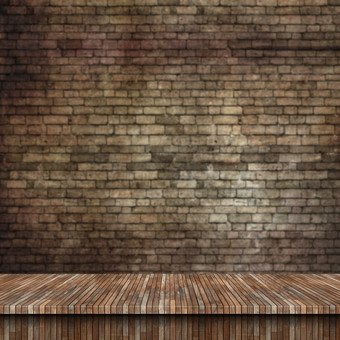 三维木制桌子可以看到肮脏的砖墙纹理