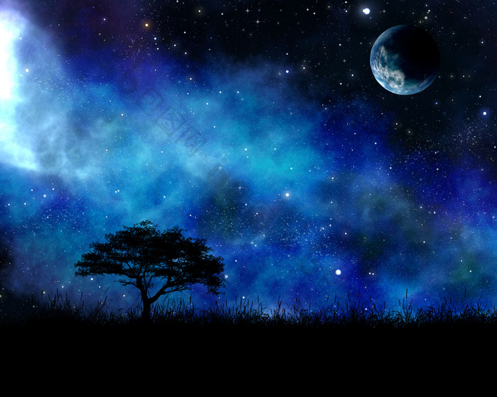 夜晚星空树木剪影摄影图
