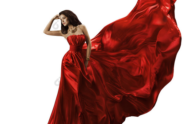 女人<strong>红色</strong>衣服，挥舞着飞行的丝绸面料，美模式白