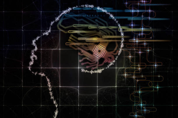 Cpu 情怀<strong>系列</strong>。人脸的轮廓和技术符号关于计算机科学、 人工智能和通信主题的背景<strong>设计</strong>