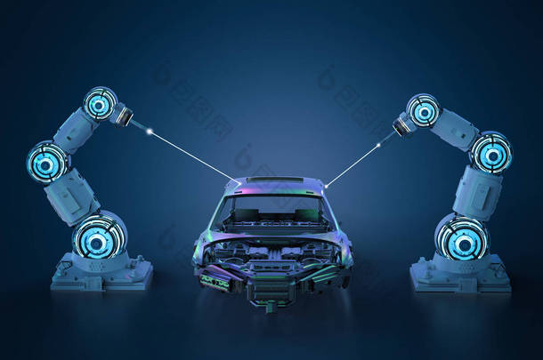 3d. 基于蓝色背景的汽车厂自动<strong>绘制</strong>机器人装配线