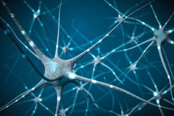 在大脑，3d 图的神经网络中的神经元信号.
