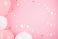 女孩党配件在粉红色背景。邀请, 生日, 单身派对, 婴儿沐浴概念