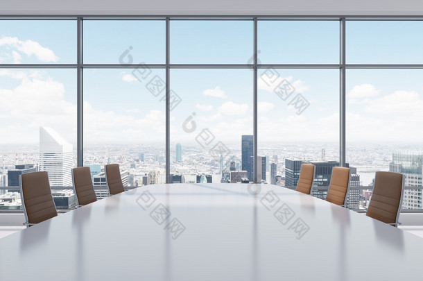 Panoramic conference room in modern office in New York City. Brown leather chairs and a table. 3D re