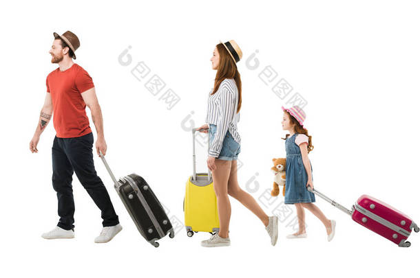 时尚的游客家庭随身携带的手提箱在白色, 旅行概念