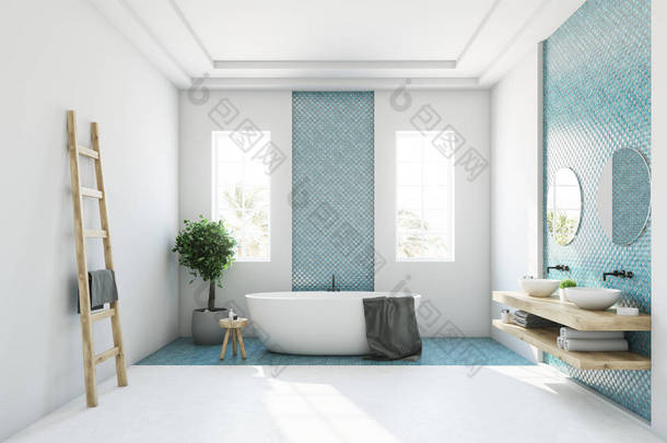 <strong>蓝色</strong>和白色的浴室，白色浴缸