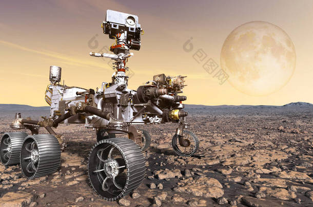 火星漫游者探索火星表面。美国国家航空航天局提供的这一图像的元素