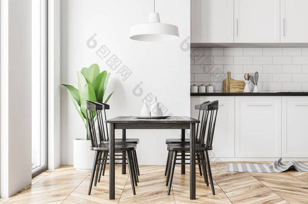 白色斯堪的纳维亚风格的厨房内部有白色的墙壁, 一个木地板, 白色台面和橱柜和一张桌子与椅子。侧面视图。3d 渲染模拟